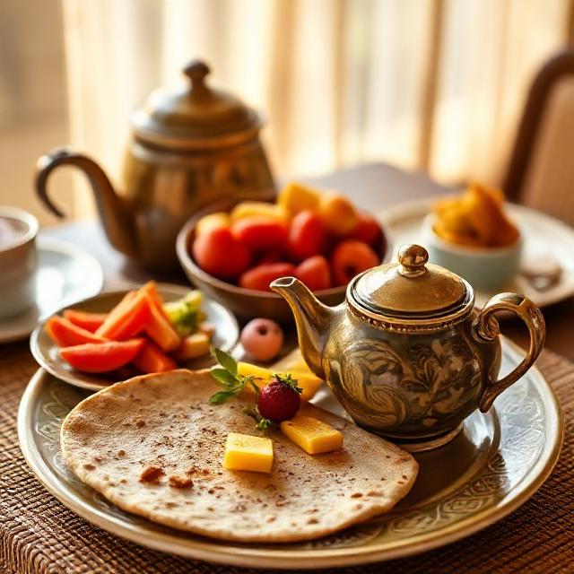 Kenyan breakfast with mandazi, chapati and tea